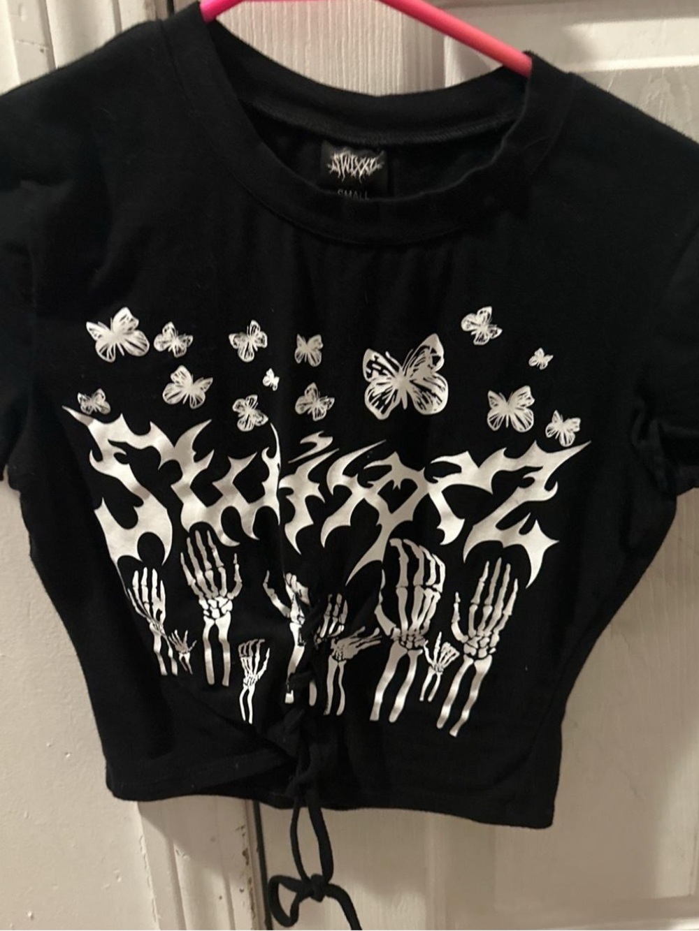 Black Graphic Butterfly & Skeleton Drawstring Crop Tee By swixxz